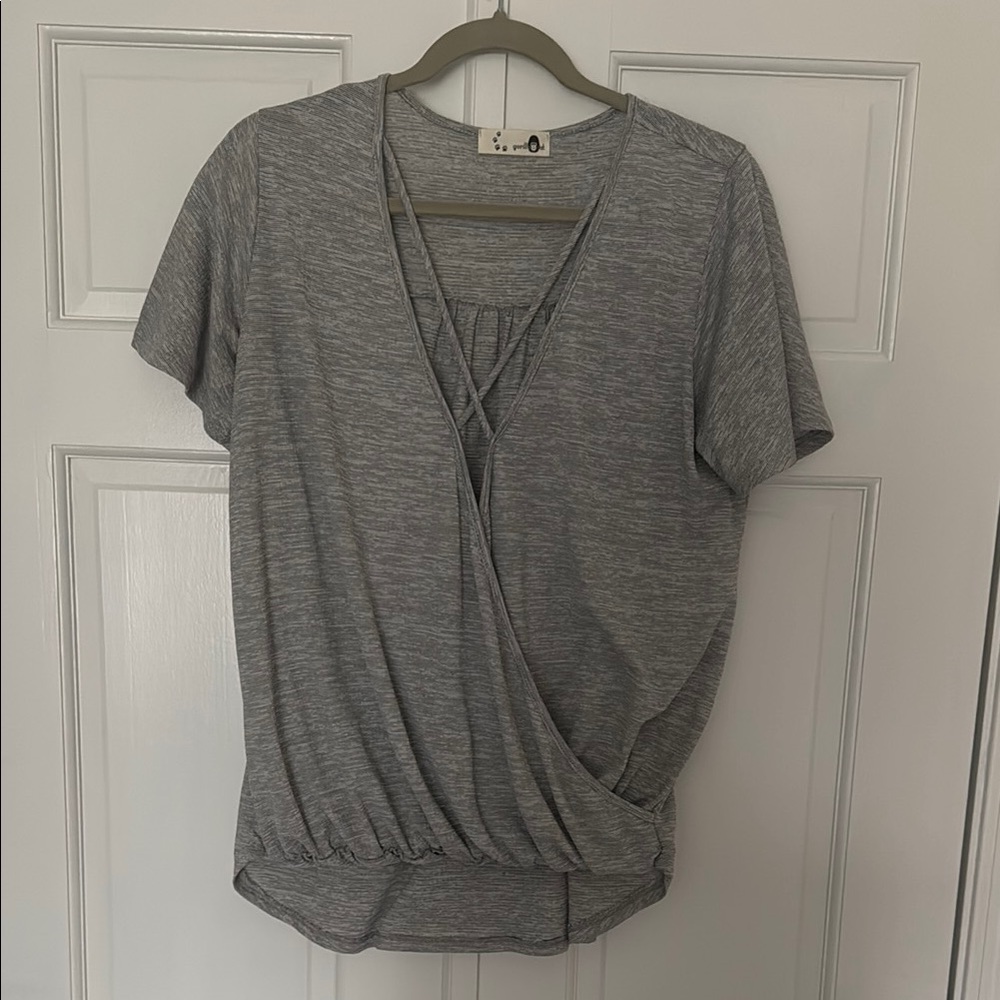 Gray Short Sleeve Wrap Blouse with Tie Front